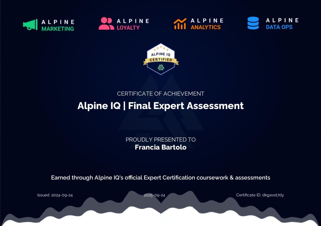 Alpine IQ Final Expert Assessment certificate awarded to Francia Bartolo