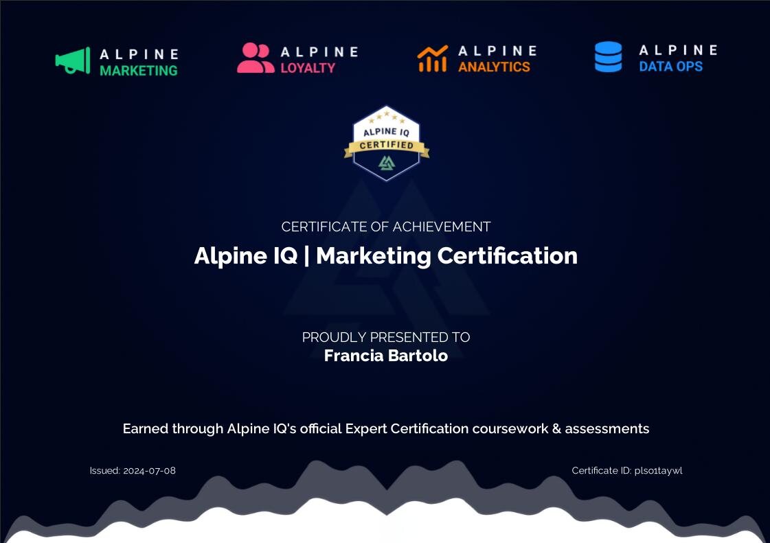 Alpine IQ Marketing Certification awarded to Francia Bartolo