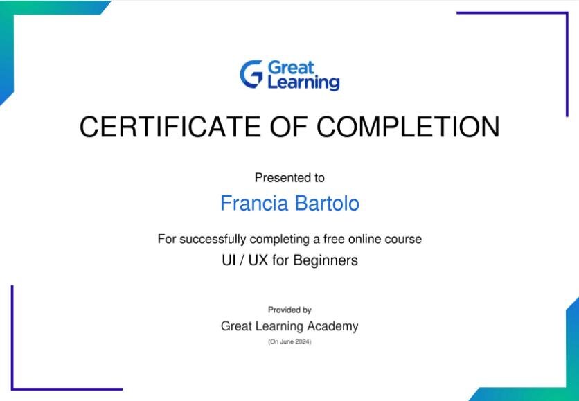 Great Learning UI UX for Beginners certificate awarded to Francia Bartolo