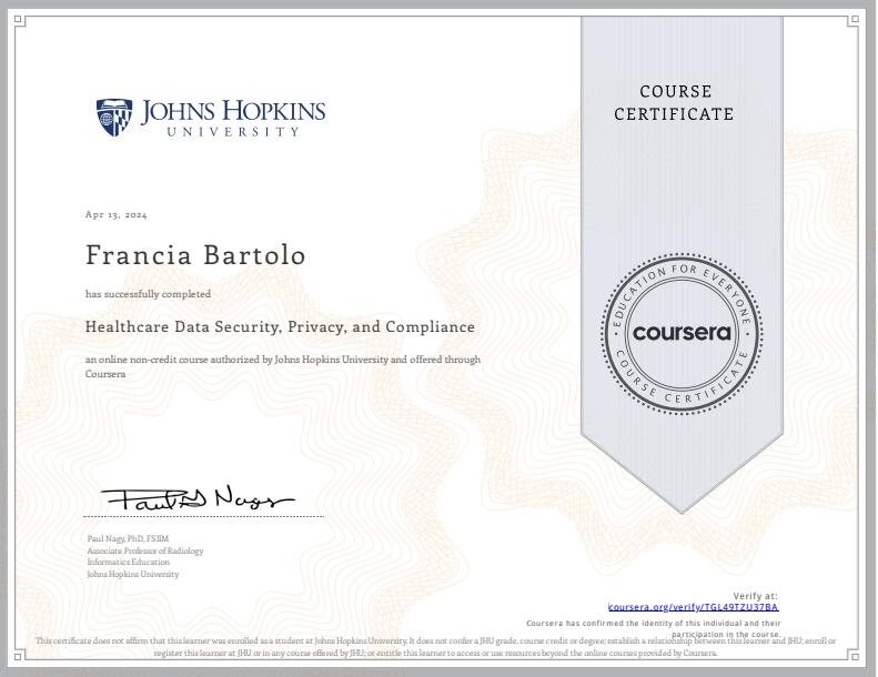 Johns Hopkins Healthcare Data Security, Privacy and Compliance certificate awarded to Francia Bartolo